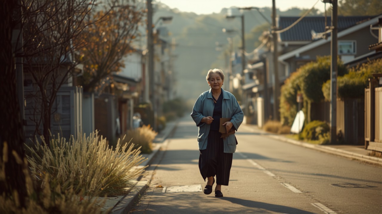 秋の朝、住宅街をゆっくり歩く高齢の女性