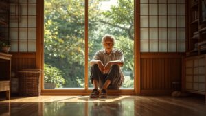 秋の朝、日ざしの差し込む日本家屋の玄関で、上がり框に腰かけて靴を履く高齢の男性