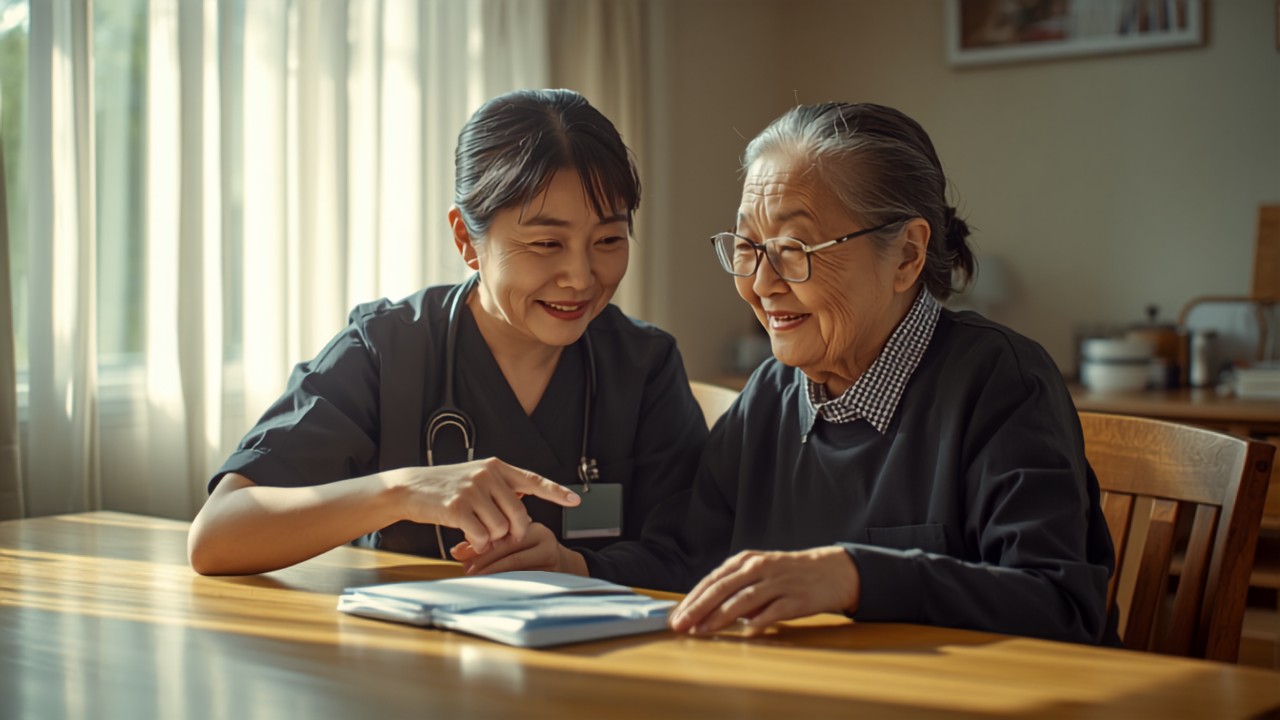 看護師と高齢の女性が薬と手帳を広げて一緒に確認している様子