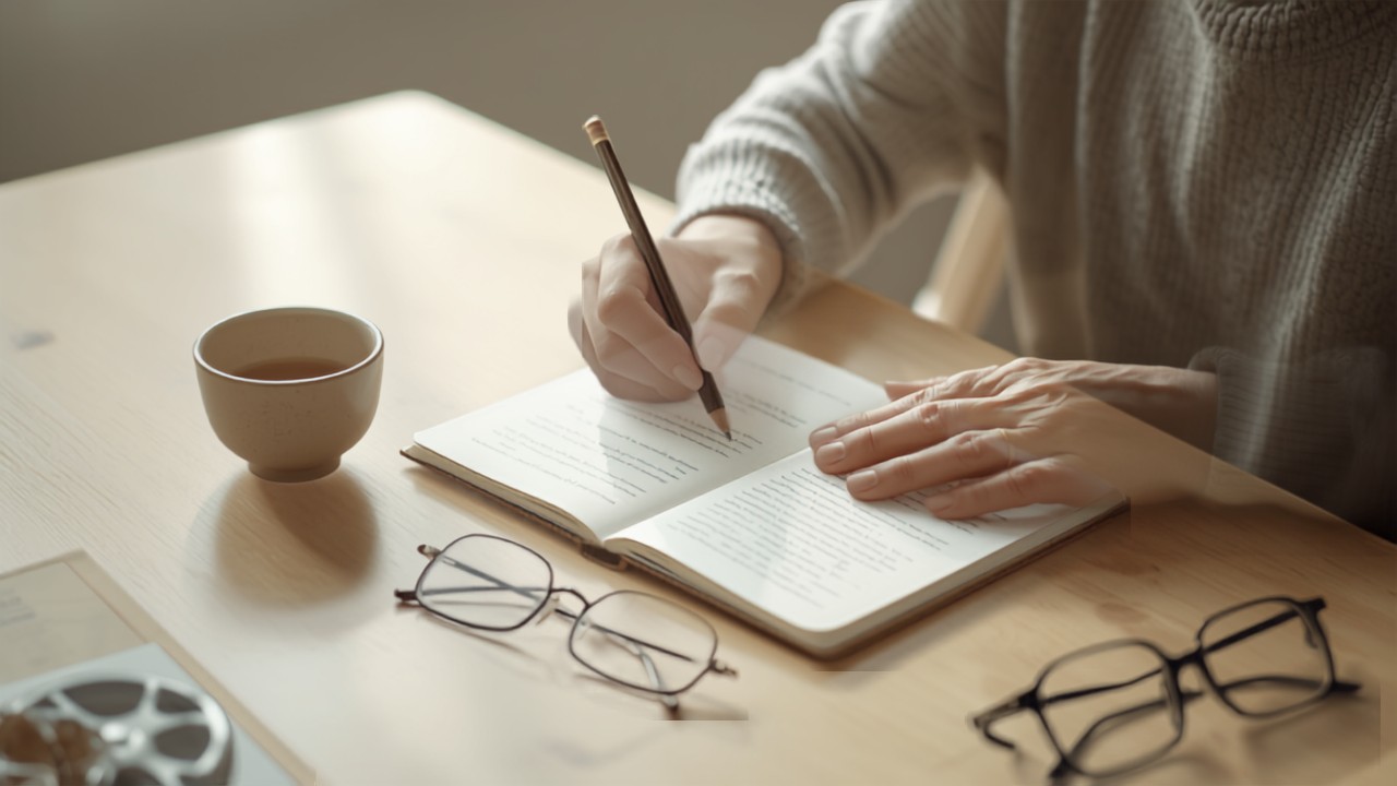 ノートを開いて鉛筆で書き留めている手元と老眼鏡