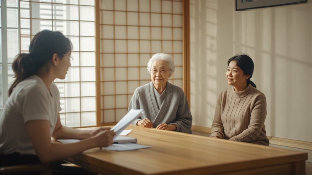 明るい和室で、書類を持つ調査員と、背筋を伸ばして受け答えする高齢の女性、付き添う娘が座卓を囲んでいる様子