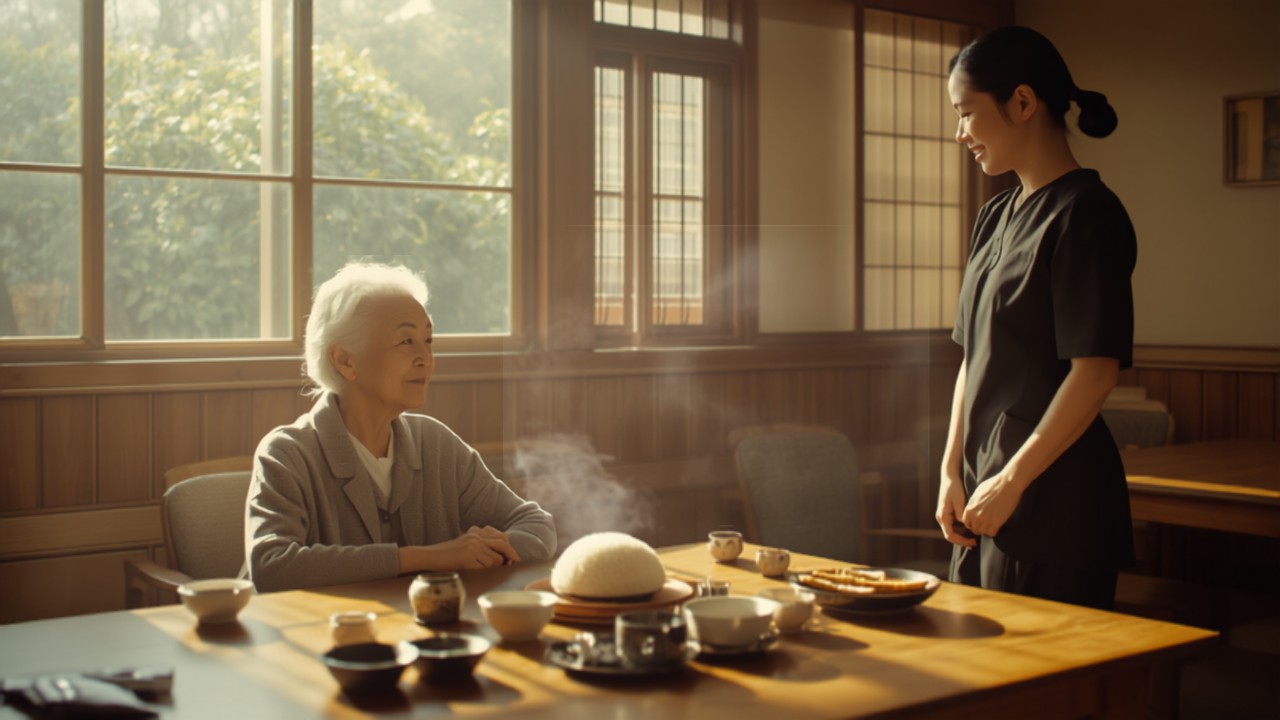 朝の食堂で高齢の女性が和朝食を前にスタッフと話している様子