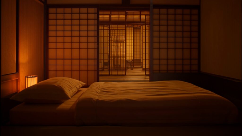 夜の和室に敷かれた布団と、枕元でやわらかく灯る行灯風の常夜灯
