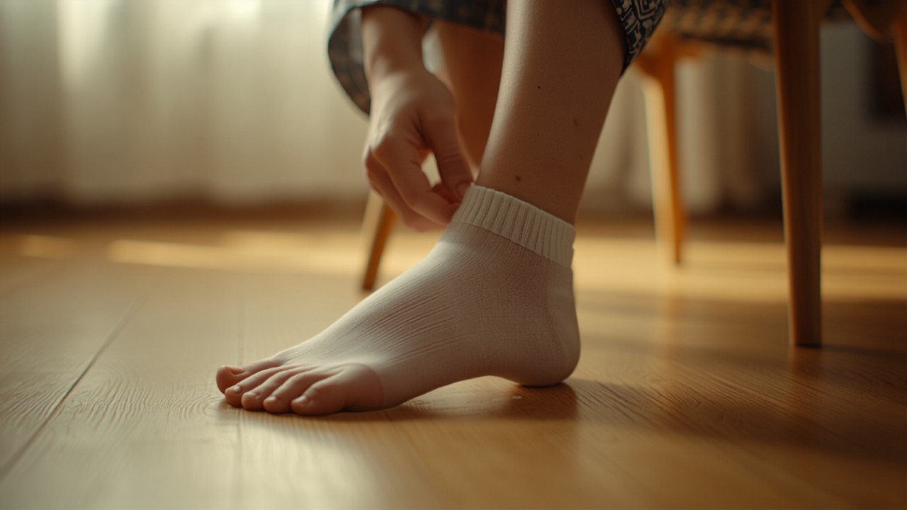 椅子に腰かけた高齢の女性が靴下を脱ごうとしている足元