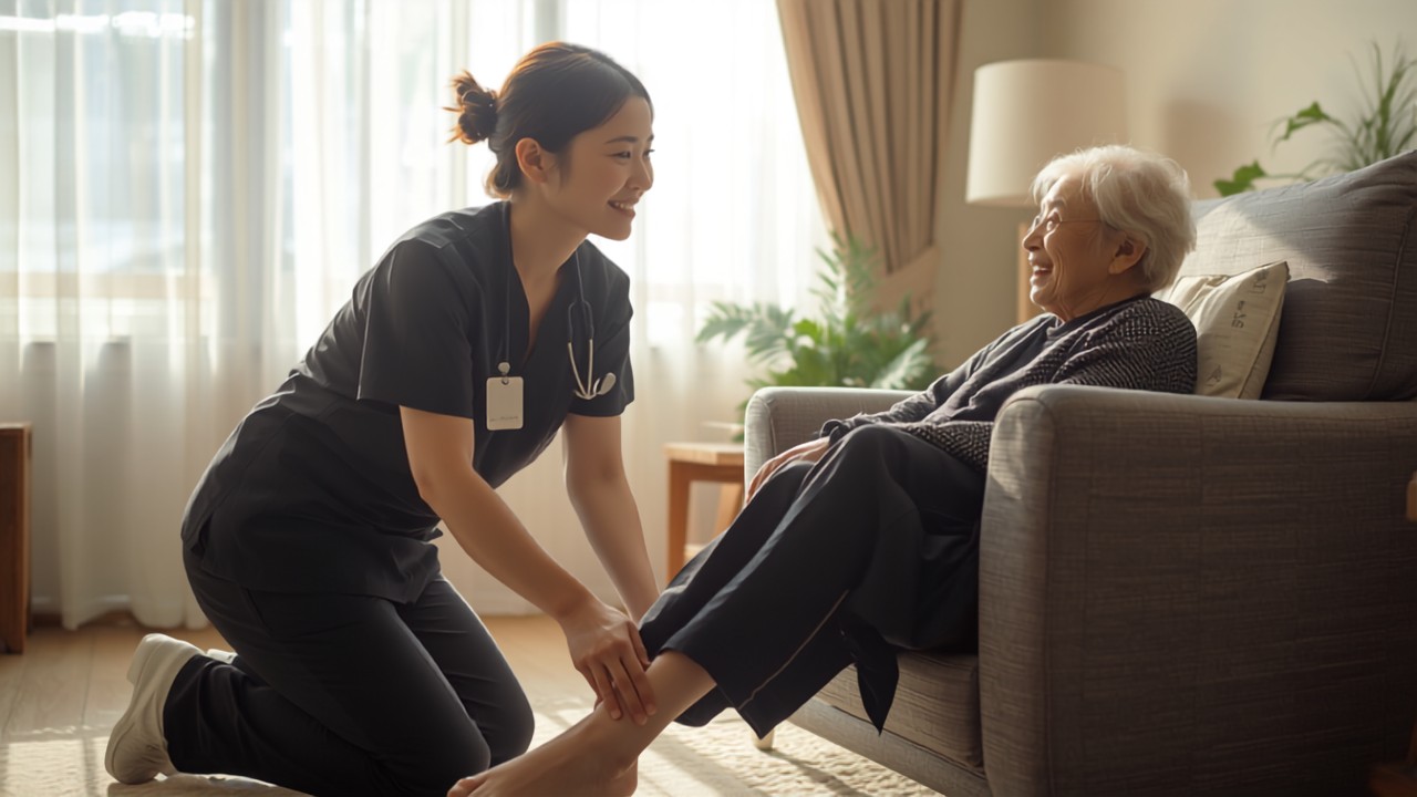 看護師がひざをついて高齢の女性の足首を確認している様子