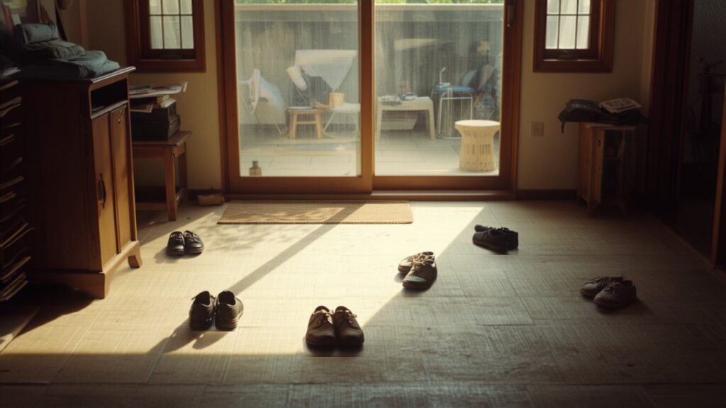 日ざしの入る日本家屋の玄関。三和土に靴が向きをそろえず並び、下駄箱の上に郵便物が積まれている