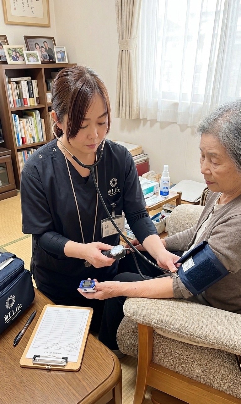 訪問看護ステーション虹Lifeの看護師が、ご自宅で血圧を測定している様子