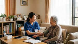 ご自宅のリビングで、訪問看護師が高齢の女性の血圧を測りながら笑顔で会話している様子