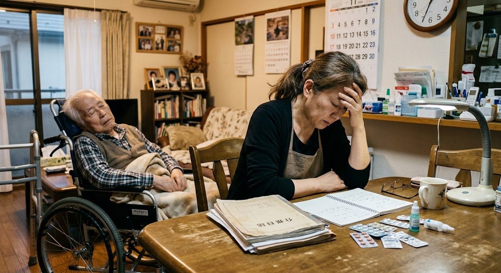 自宅の食卓で薬と介護日誌を前に頭を抱える女性。後ろでは車椅子の父親が眠っている