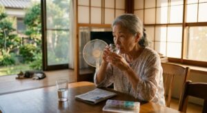夏の和室で水を飲む高齢の女性。テーブルには新聞と薬ケース