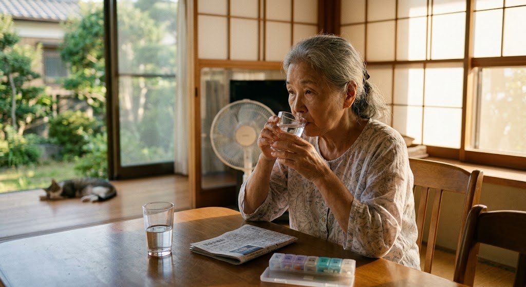 夏の和室で水を飲む高齢の女性。テーブルには新聞と薬ケース