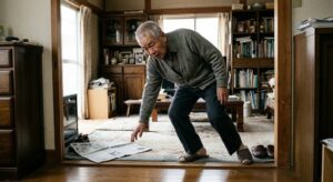 自宅の居間の敷居で、床に落ちた新聞につまずきそうになっている高齢の男性