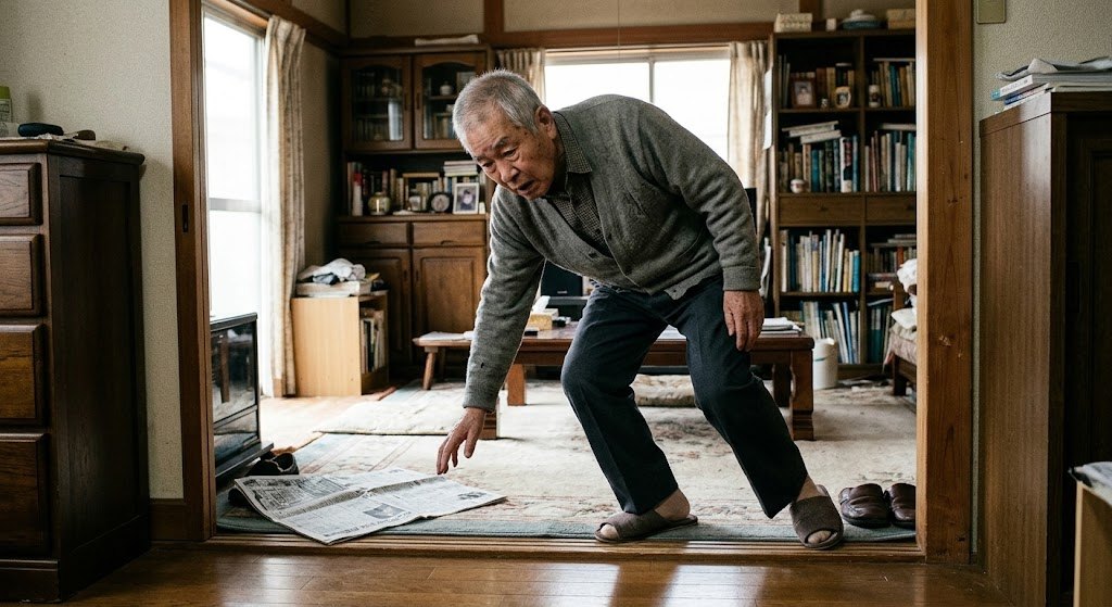 自宅の居間の敷居で、床に落ちた新聞につまずきそうになっている高齢の男性