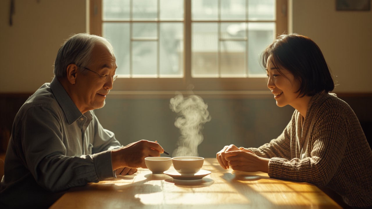 食卓で向かい合ってお茶を飲む、ふだんの時間
