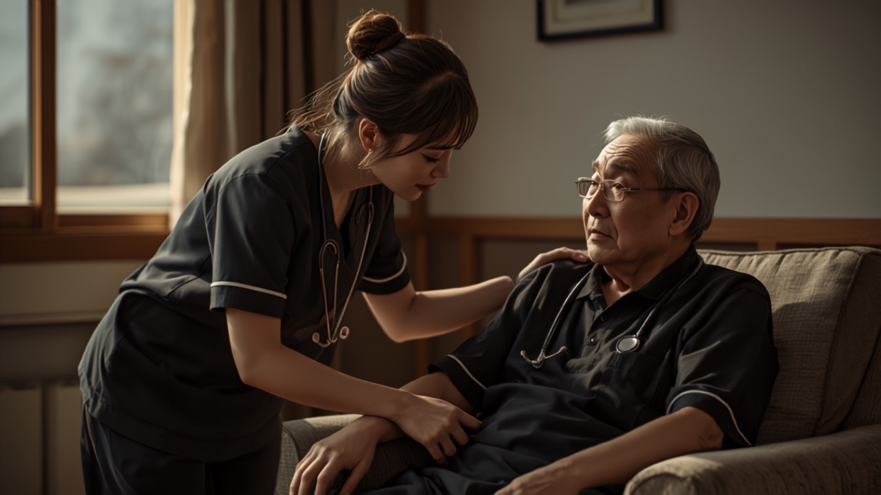 腕に触れて様子を確かめながら、話しかけているところ